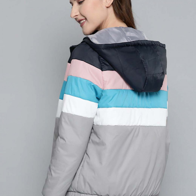 Women Grey & Navy Blue Striped Bomber Jacket