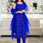 Blue and gold-toned embroidered semi-stitched dress material 
